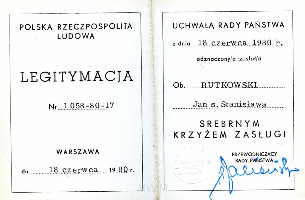 KKE 3265-3.jpg - Legitymacja PRL, Srebny Krzyż zasług,Warszawa, 18 VI 1980 r.